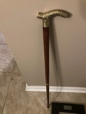 Vintage Brass Handle Brown Wooden Walking Stick Cane, 2 Piece, 34 Inches