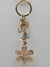 Keychain - Sparkling Flower Bling Clip On Keyring Gem Gold Tone Bag Purse Charm