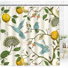 AnyDesign Lemon Shower Curtain Summer Blue Birds Lemon Tree Bathroom D