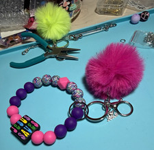 Pink Purple Multicolor Beaded Wristlet Keychain w/ "Jesus Saves" Charm