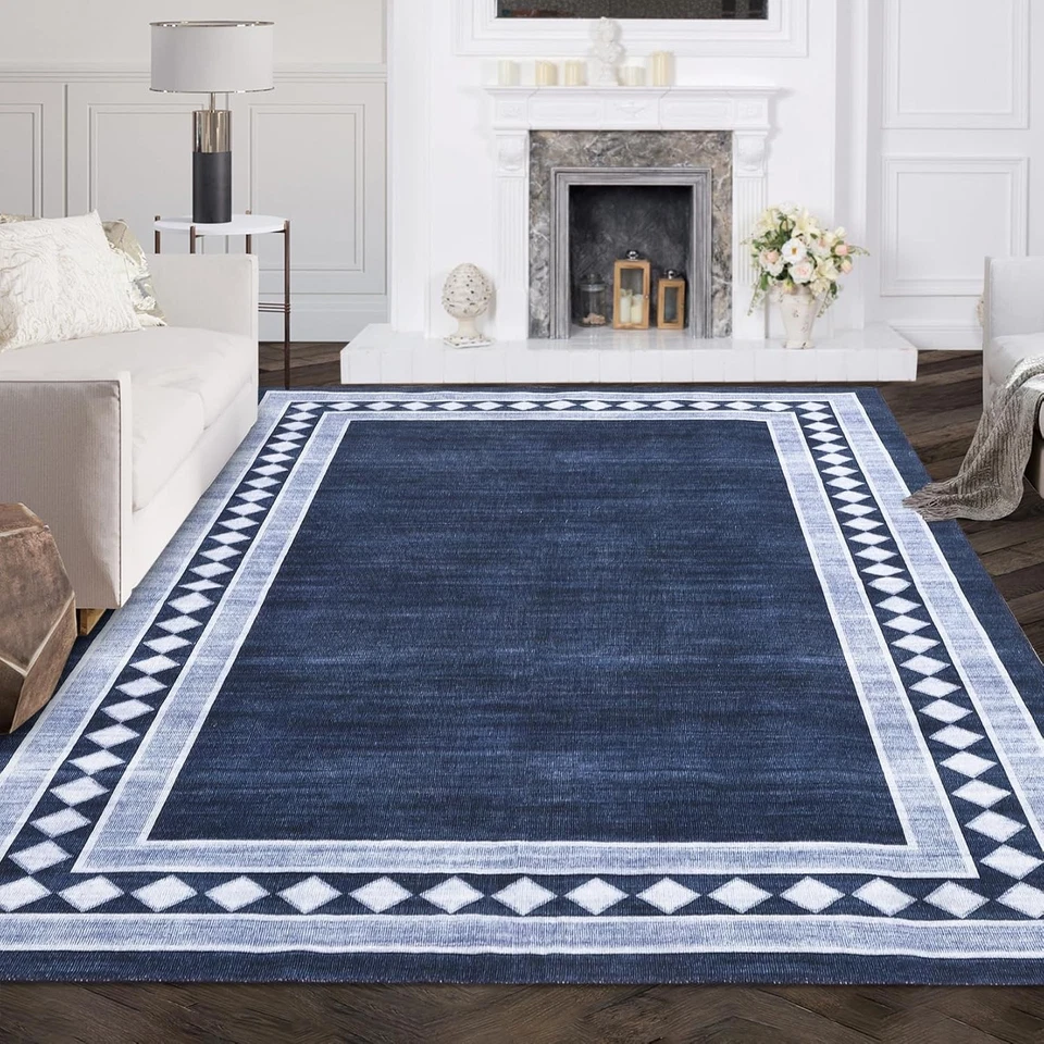 Garvee Washable Area Rug Solid Bordered Soft Geometric Carpet Dining Room Office - Image 3 of 4