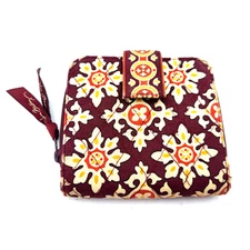 Vera Bradley Bifold Mini Zip Wallet Burgundy Gold Floral Medallions