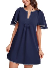 KEOMUD Navy Flutter Sleeve V Neck Shift Dress White Contrast Trim Large