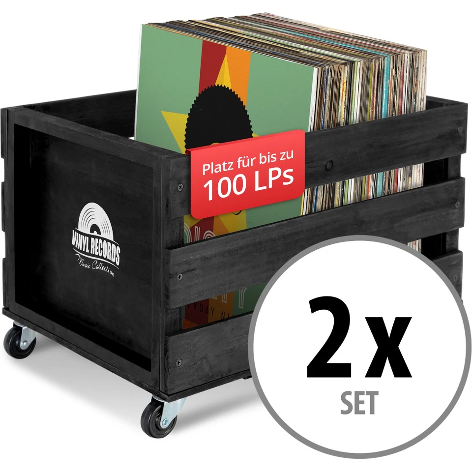 STAGECAPTAIN 2x Schallplatten Vinyl Box Kiste Aufbewahrung 100 Sammlung Plattenkiste Schwarz