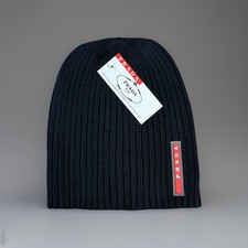 PRADA Knit Logo Beanie Hat One Size Black Brand New Unisex