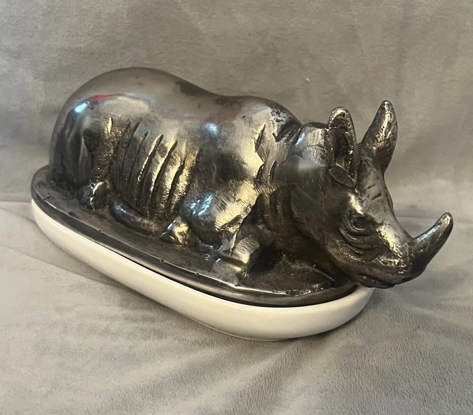 Rhino Covered Serving Dish Metal and Ceramic Butter Server