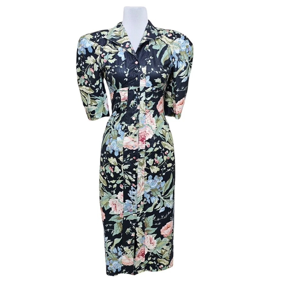 Vintage 80s Karen Alexander Floral Cotton Dress Neiman Marcus Bow Back Size 8 - Image 3 of 4