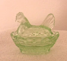 W/M Green Vaseline Glass Hen on a Nest Salt Cellar by Wilkerson Glass