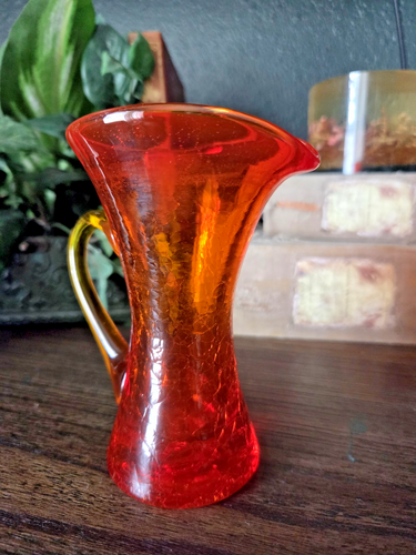 Vintage Rainbow Glass Amberina Pitcher w/ Handle – 4.75" Crackle Hand Blown - Picture 7 of 11