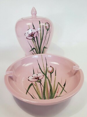 Vtg Flavia Italy Pink floral pottery ashtray and jardiniere.  EUC bitossi Londi 