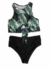 SHEIN Womens 2piece Bikini Swim Set Large Green Black Floral Removable Bra Pads