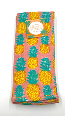 Unbranded Set of Two Kitchen Towels Pineapples/Pink Solid White 16''X26'' Cotton
