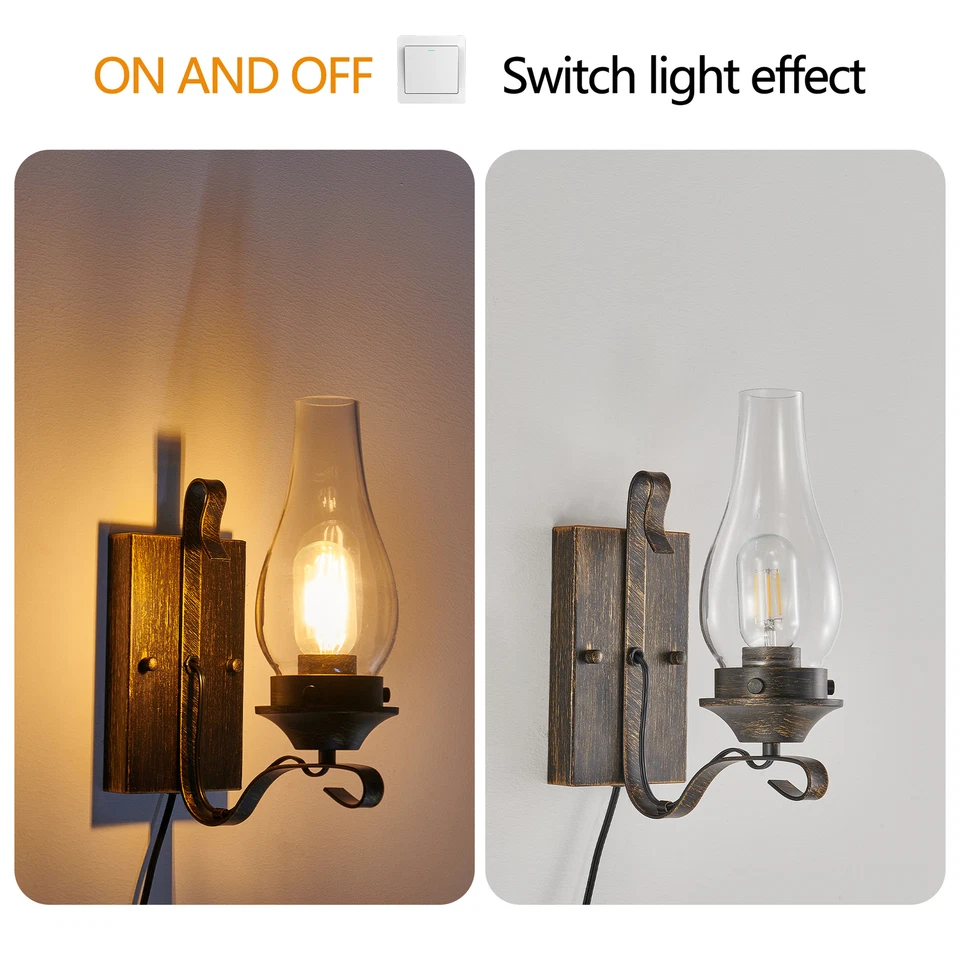 2 Pack indoor Vintage Plug in Wall Light Oil Rubbed Bronze Sconce Glass Fixture - Image 4 of 4