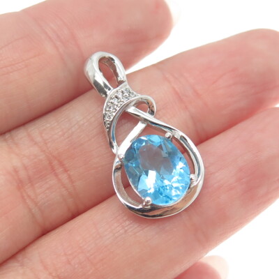 925 Sterling Silber echter Rundschliff Diamant & Blautopas gedreht Anhänger
