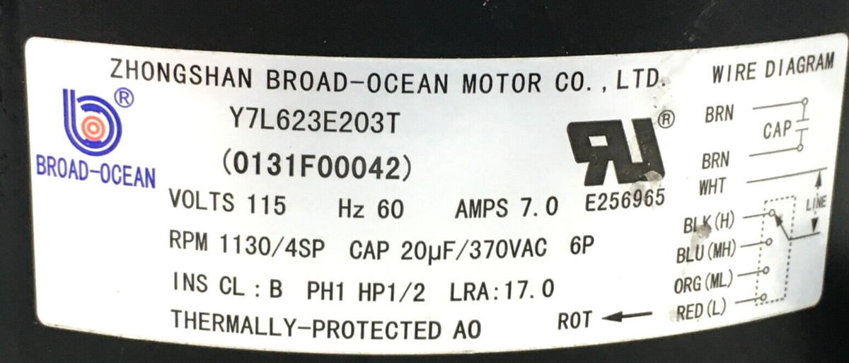 Zhongshan Broad-Ocean Y7L623E203T 0131F00042 Blower Motor 1/2HP