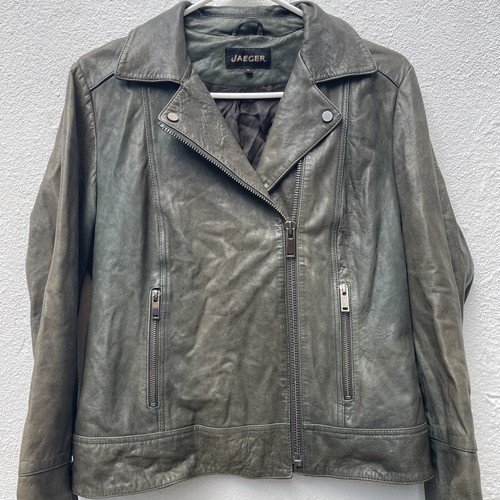 Jaeger Real Leather Biker Jacket Womens 10 Medium Green Distressed Cropped Soft - Picture 16 of 23