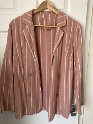 Cotton Blazer Stripe Jacket Pink Lagenlook Style Uk 12 Lovely Lightweight Pastel