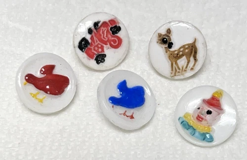 Vintage Milk Glass Buttons w Birds Deer Clown and a Bear ? Just over 1/2 "