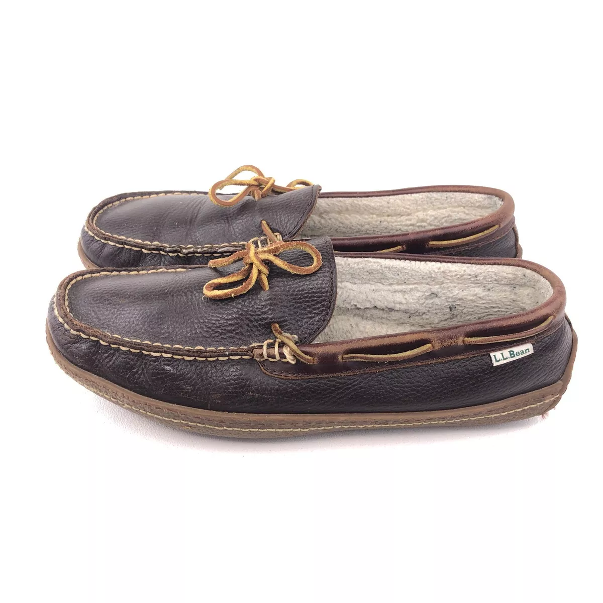 L.L. Bean Flannel Handsewn Slippers Mens Size 11M Brown Leather Indoor Outdoor