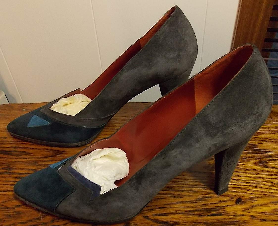 BELLISSIME SCARPE VINTAGE YSL YVES SAINT LAURENT PARIGI TRI COLORE PELLE SCAMOSCIATA TACCHI SCATOLA