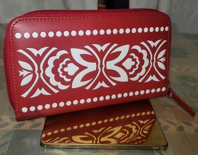 Vera Bradley Laser-Cut Accordian Wallet  Cherry Blossoms Red & White - read