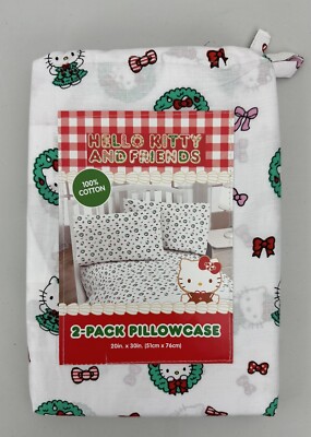 Hello Kitty 2-Pack Pillowcase Christmas Tree Dress Wreaths & Bows White 20x30 in