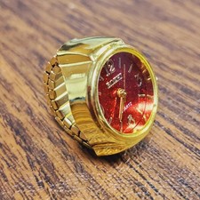 Gold W Glitter RED Finger Ring Watch Round Quartz Elastic Band 12 Hr USA New