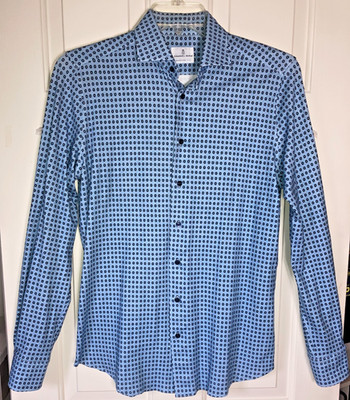 Emanuel Berg Byron Button Front Shirt Blue Print S Small 15'' NWOT