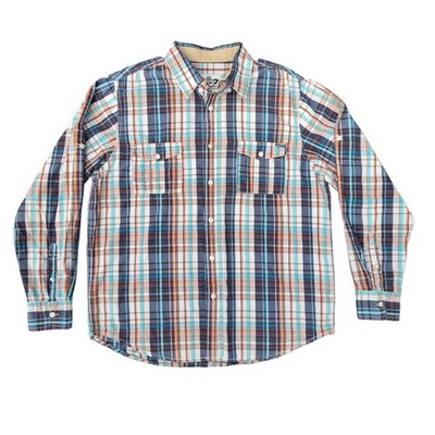 Seven7 Men's Large Plaid Button Front Shirt Blue Orange White Roll Tab Sleeve