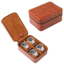Watch Case, 5 Compartments, PU Leather Jewelry Organizer, Travel Watch Storage