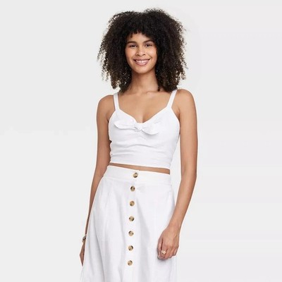 Universal Thread Crop Top Womens M White Linen Blend Tie Front Coastal Grandma