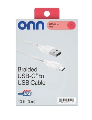 Onn Braided USB-C to USB Cable 10 ft (3 m) Fast Charging White Hi-Speed