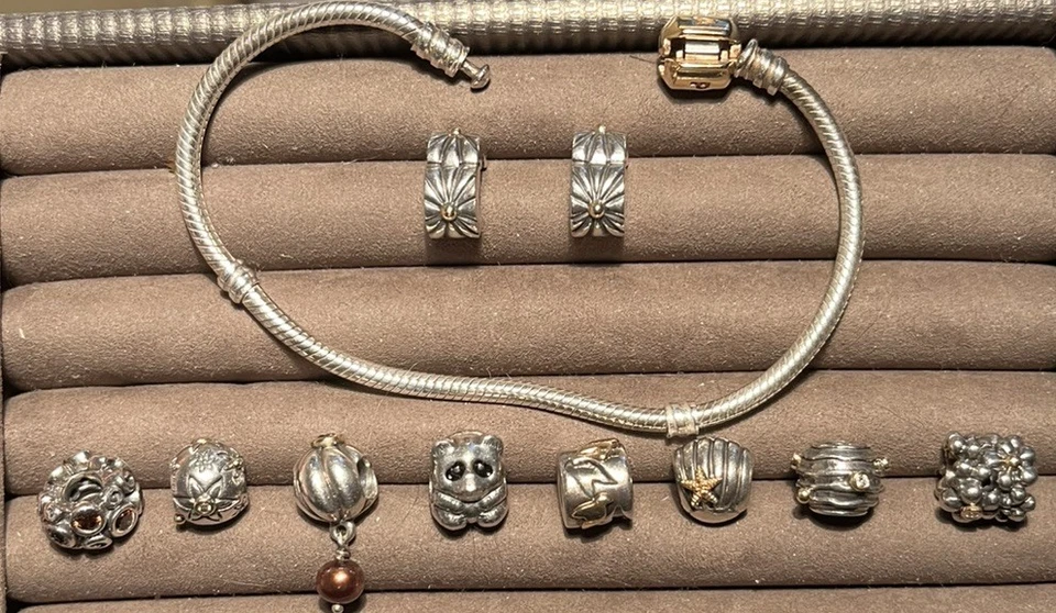 Pandora Retirado Lote 8 Cuentas 2 Clips 1 Pulsera Oro 14k Plata 925 Diamantes Gemas Foto 2 de 4