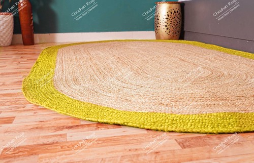 Hand Braided Jute Rug For Living Room For Beige Oval Jute Rug With Yellow Border - Picture 4 of 6
