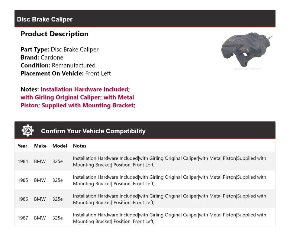 For 1984-1987 BMW 325e Disc Brake Caliper Front Left Cardone 1985 1986 - Image 2 of 4