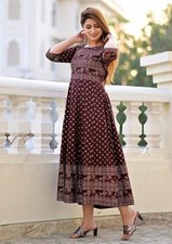 Indian Women brown rayon Embroidered Anarkali flare Kurta Kurti beautiful Dress