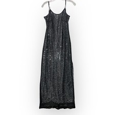 Vintage Y2K Marcie Sequin Dress Gown Small Black Maxi Scoop Neck High Leg Slit