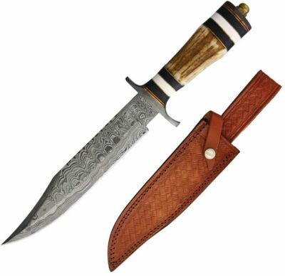 MR571 Marbles Damascus Bowie 256 Layers Blade Stage Wood Handle Leather Sheath  