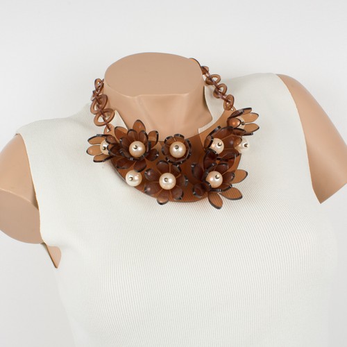 Vintage Italian Design Copper Lucite Bib Necklace Flower and Pearl - Picture 2 of 12