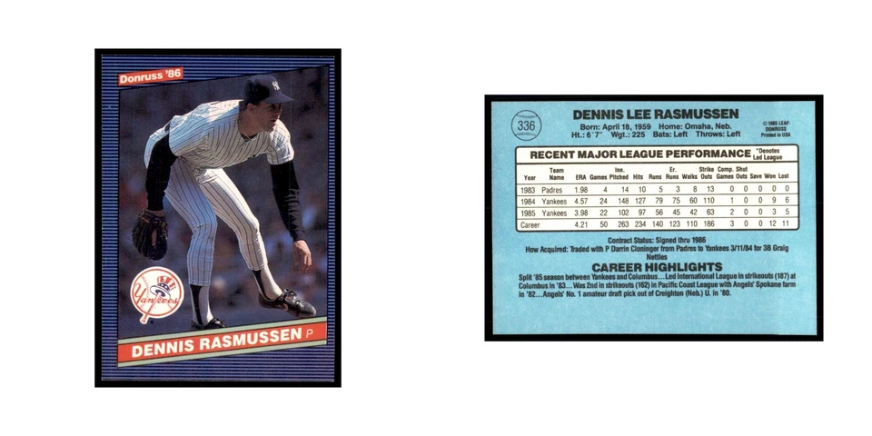 1986 Donruss Dennis Rasmussen Yankees #336 - Image 3 of 3