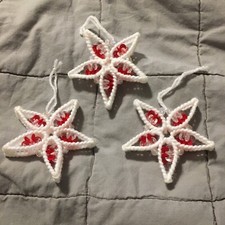 3 Vtg Plastic Canvas Needlepoint Beaded Christmas Star Ornaments Handmade