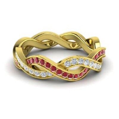 1.08 Ct Round Cut Natural Ruby & Diamond Eternity Band 14k Yellow Gold ...