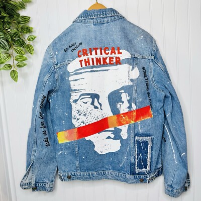 Zara Men s Sz M Jean Denim Jacket Critical Thinker So Many Choices Just Light