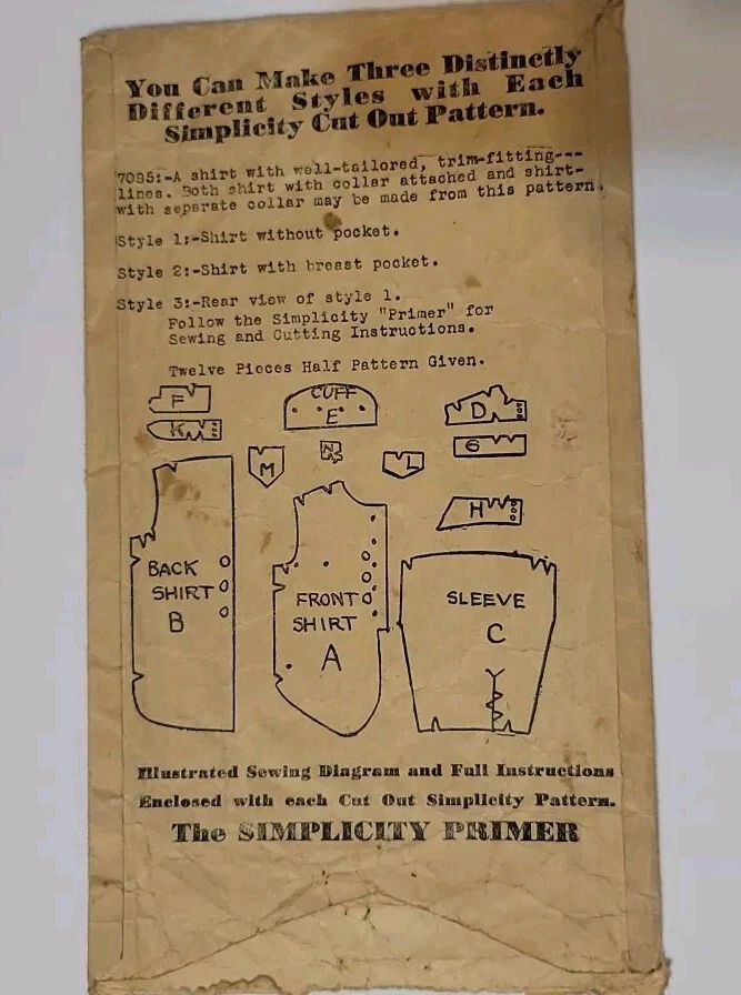 Simplicity Primer 7085 Sewing Pattern 30's Men's Shirt Size 15 Uncut 3 Styles - Image 2 of 4