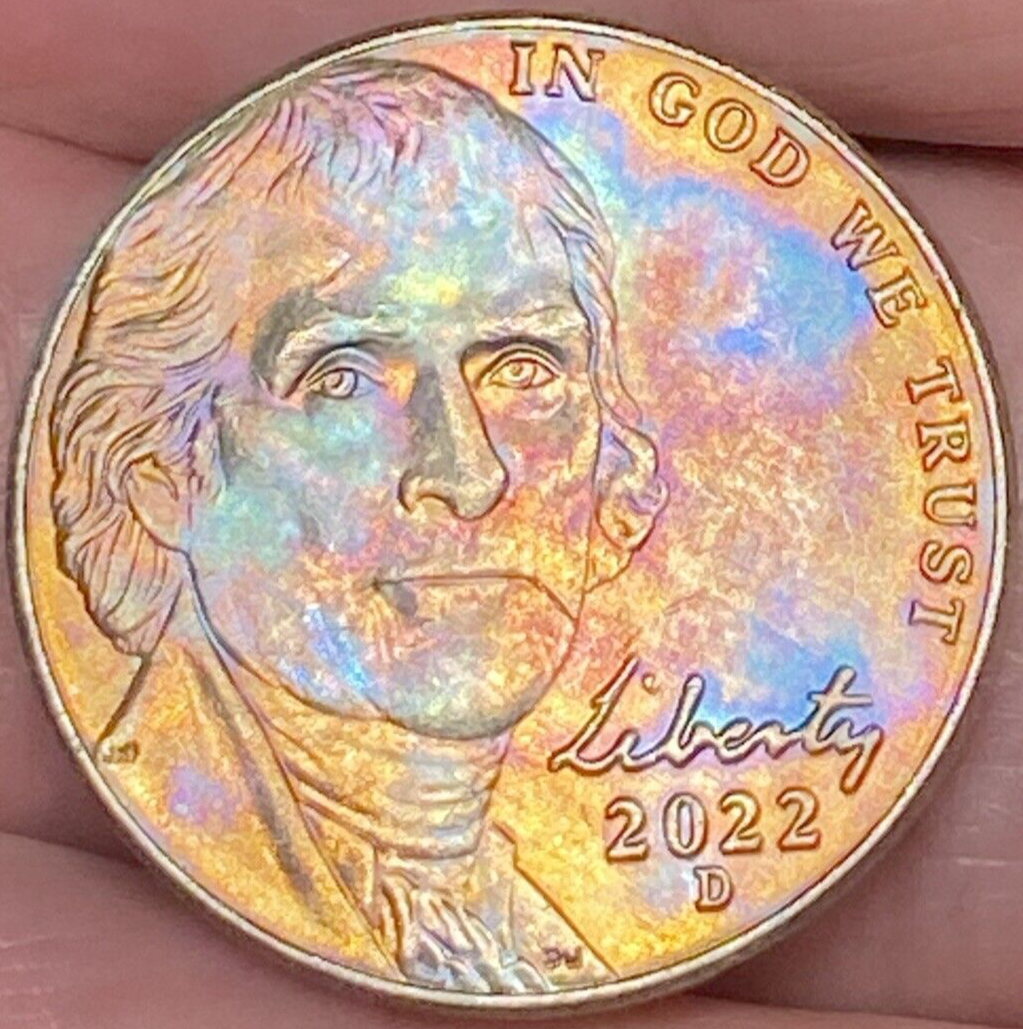 DONOTS better days not included レア 2022-D Jefferson Nickel Beautiful Lustrous Gold/Rainbow Toned Coin