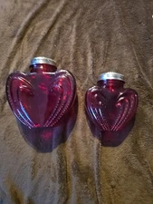 2 Red Glass Vases Heart Shaped Potpourie Containers  6x6 & 5x4 Perfect Condition