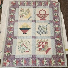Vintage Quilted Patchwork Baskets, Flowers, Purple, Blue 56x46. See Photos 