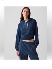 NWT GAP Arch Logo Denim Cropped Hoodie Women s Large Indigo 100 Cotton