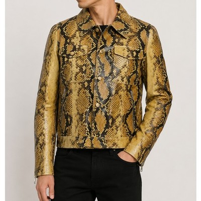 Mens Yellow Snakeskin Leather Jacket Python Print Trucker Biker 