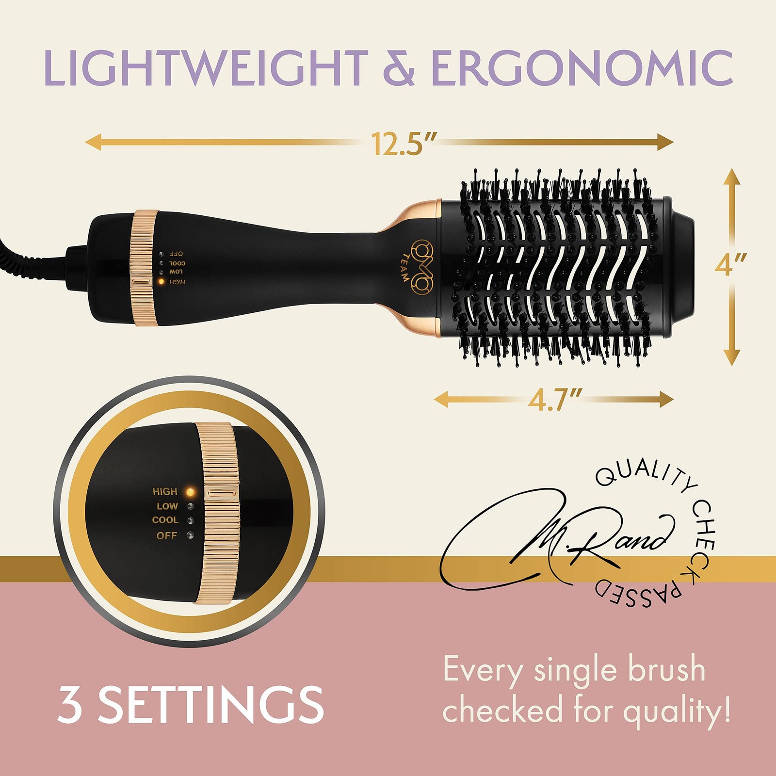 Professional Blowout Hair Dryer Brush, Black Gold Dryer and Volumizer, Hot Ai...